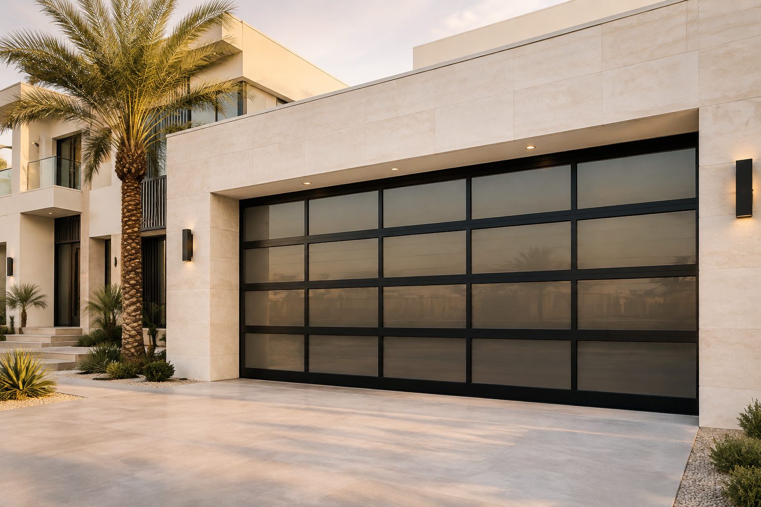 Aluminium and glass garage door on a modern building — product visualization