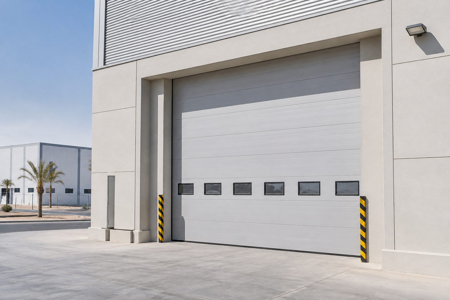 Industrial sectional overhead door at a commercial building — product visualization
