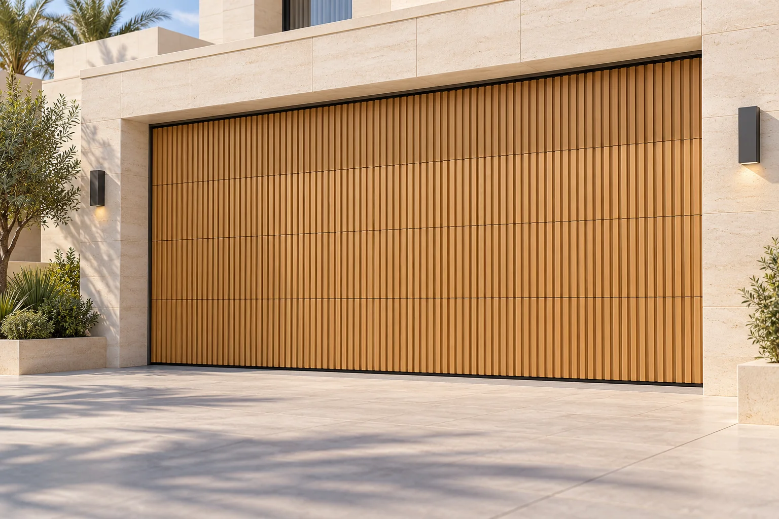 Wood-tone vertical grille garage door on a modern villa — product visualization