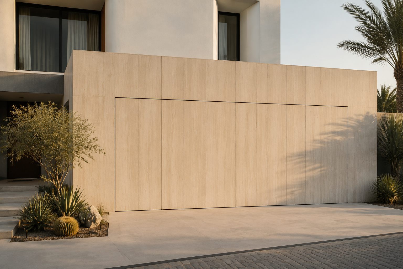 Stone-clad concealed garage door aligned with a modern villa facade — product visualization