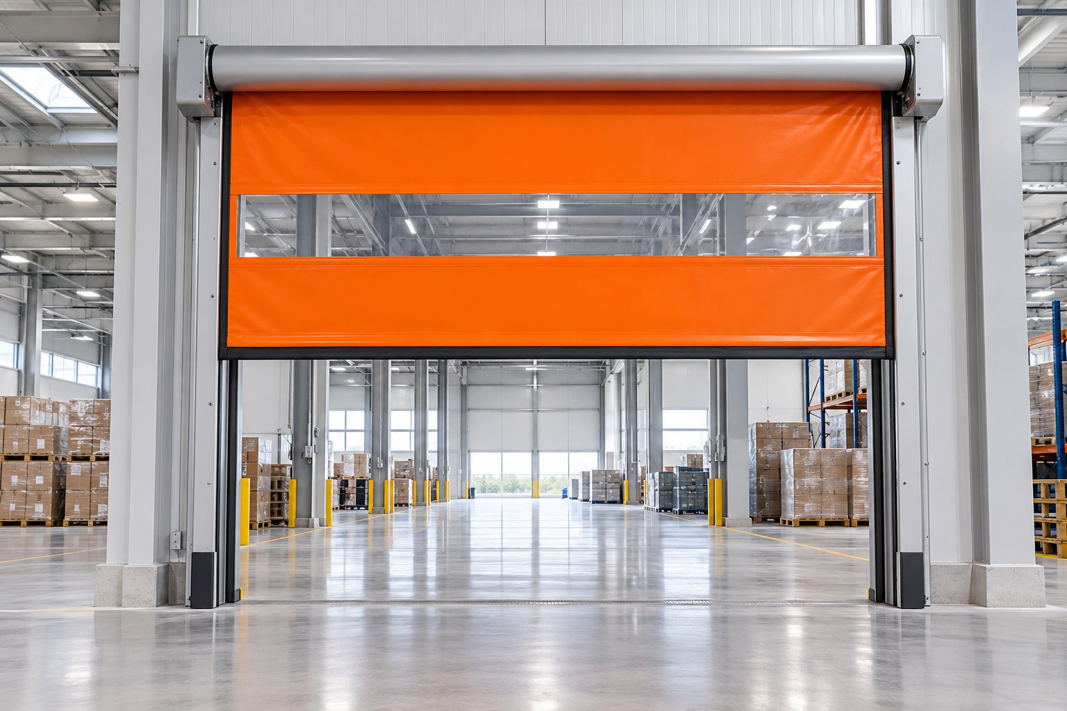 Flexible-curtain high-speed door for an industrial opening — product visualization