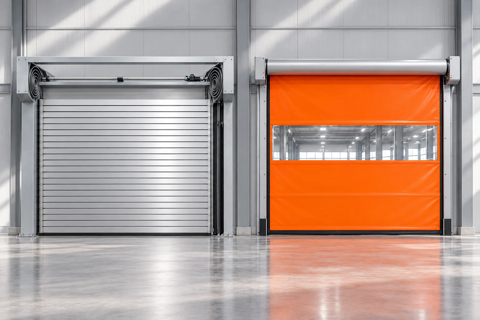 Rigid turbine rapid door and orange flexible-curtain high-speed door shown side by side — product visualization