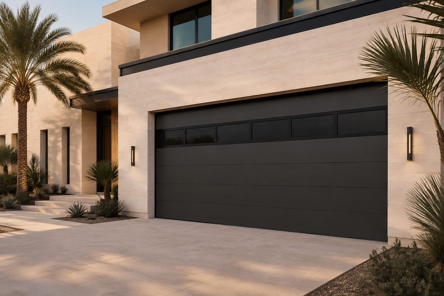 Black flush sectional garage door with top glazing on a modern villa — product visualization