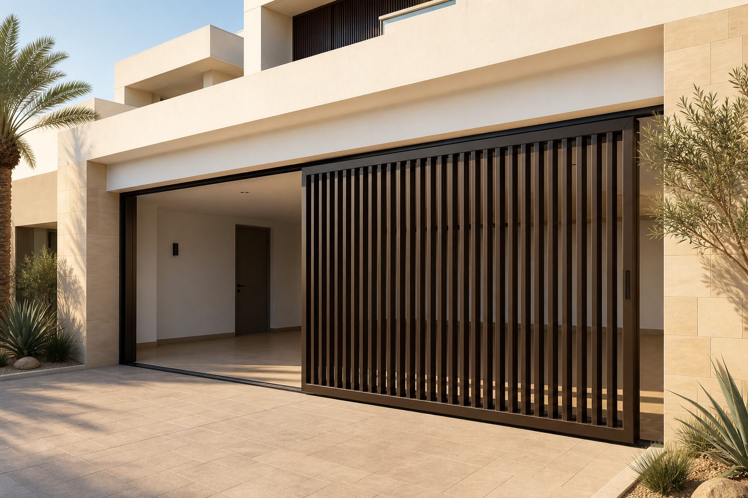 Bronze vertical louvre-style garage door on a modern villa — product visualization