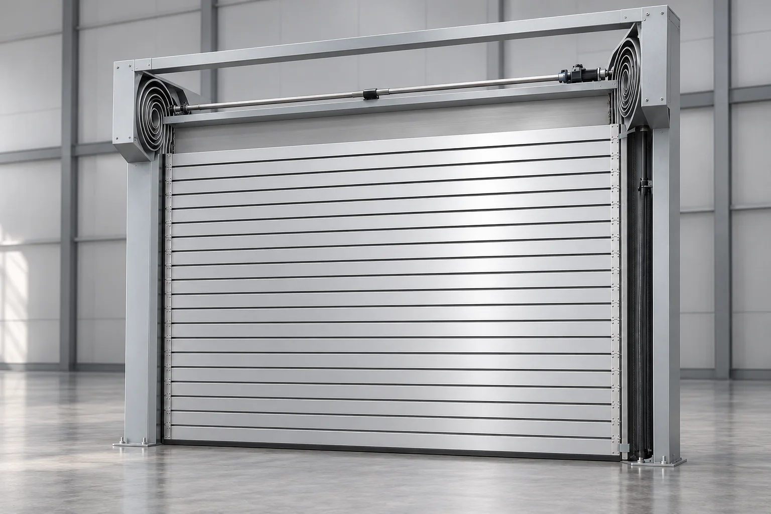 Vertical turbine rapid door with spiral-guide heads near the upper side columns — product visualization