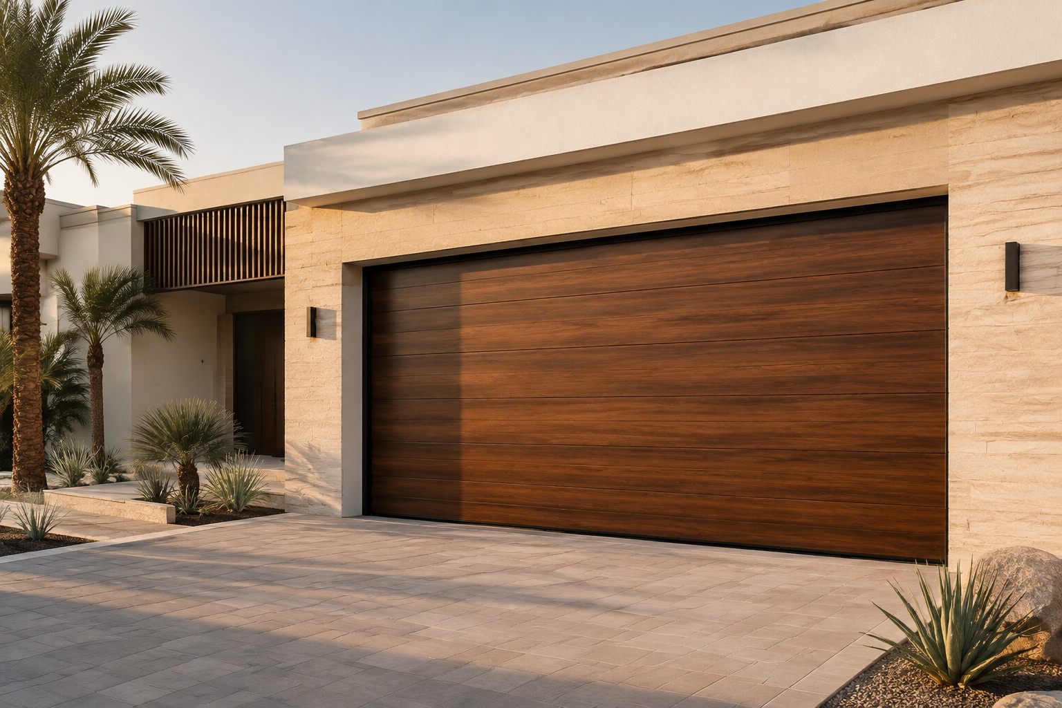 Dark wood-look sectional garage door on a modern villa — product visualization